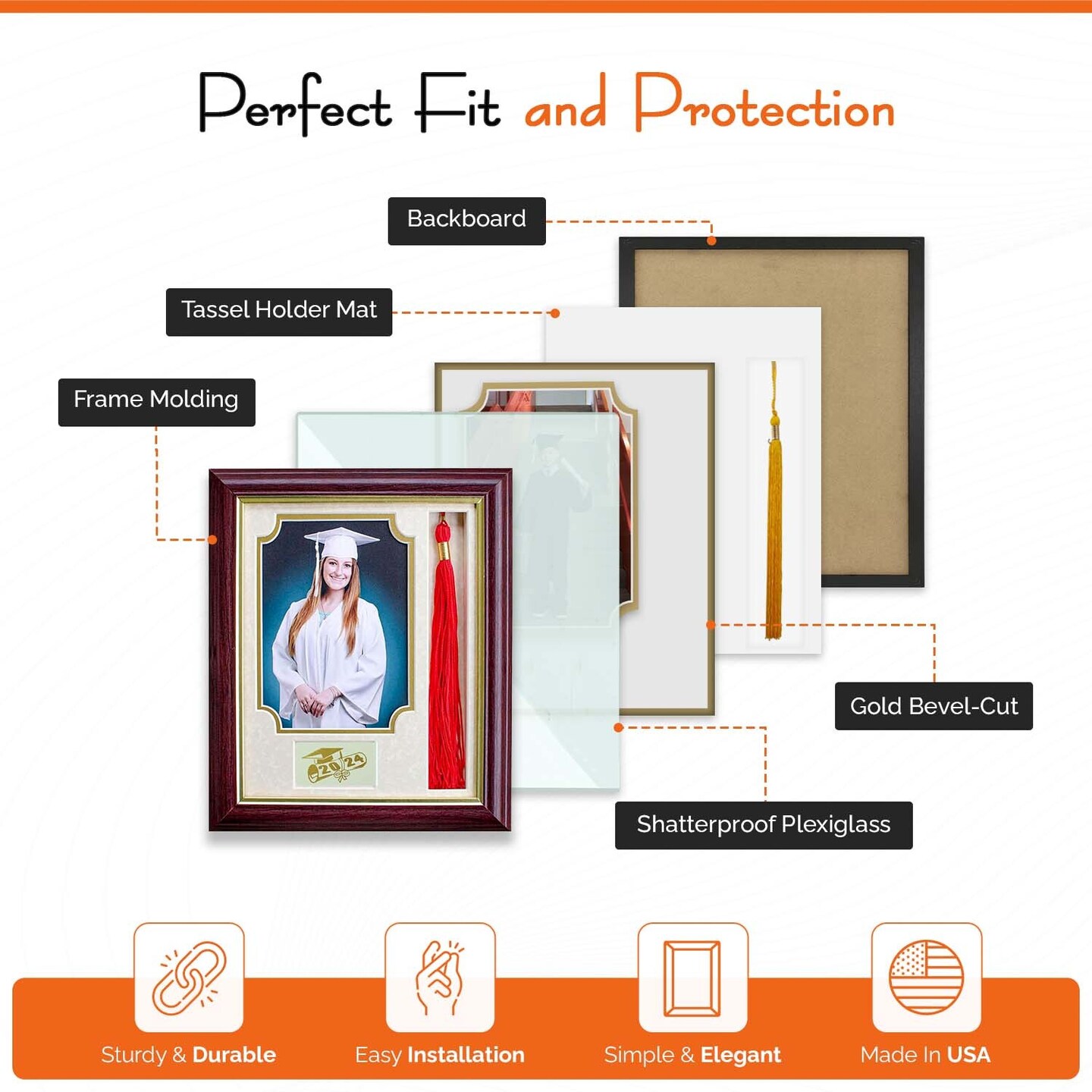 iFrame Graduation Photo &#x26; Tassel Frame I 5x7 Picture Frame I Customizable Grade Class Year | Real Wood Cherry, Black and Walnut Finish I Wall Mount &#x26; Tabletop Graduation Frame | Made in USA
