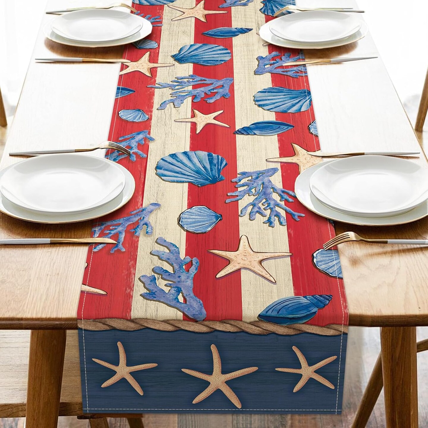4th of July Beach Dining Table Runner, Patriotic America Coastal Starfish Conch Coral Stripes Burlap Kitchen Decoration, American USA Indoor Outdoor Home Decor