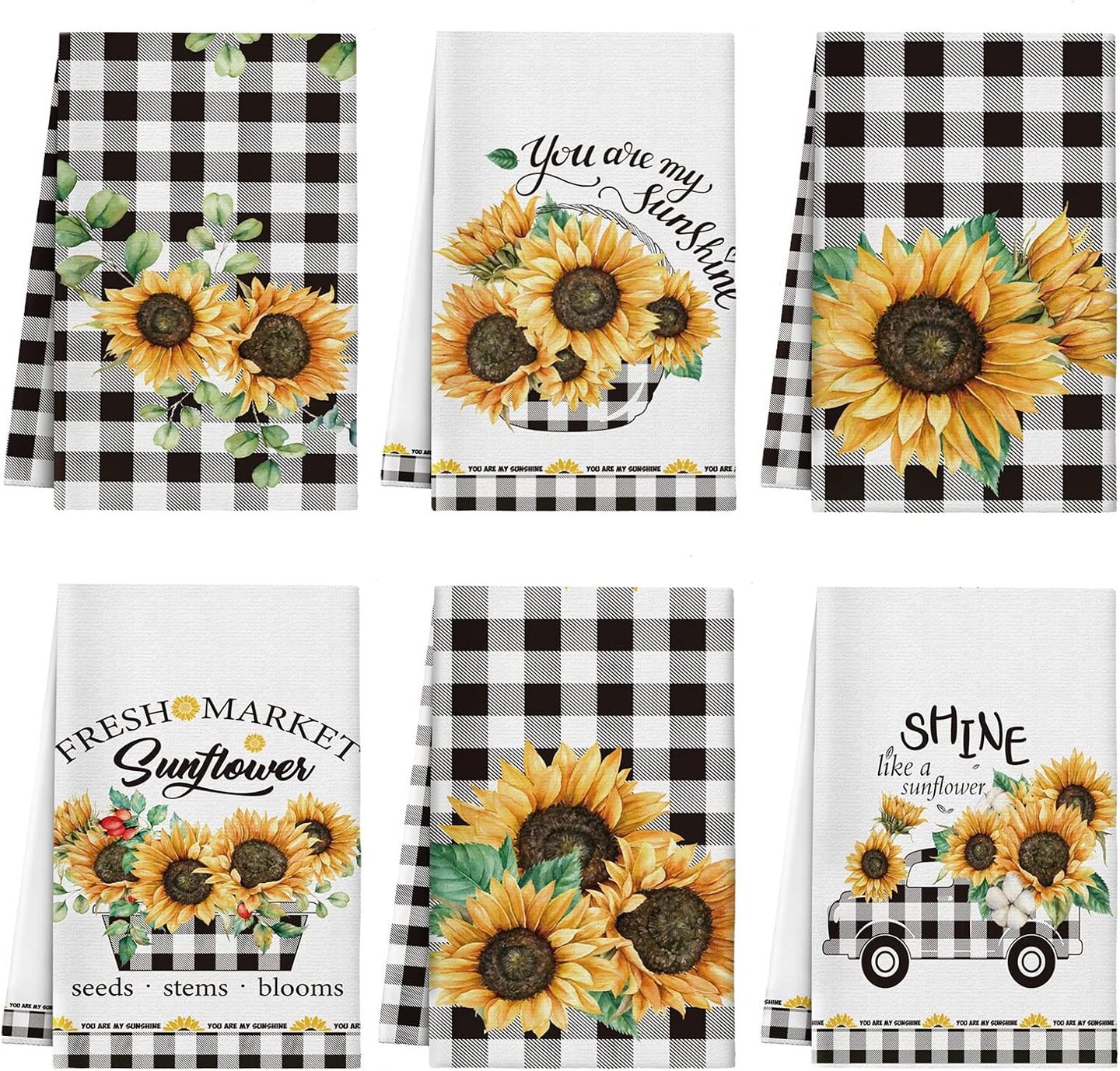 6 Pcs Sunflower Kitchen Towels Summer Buffalo Plaid Dishtowels for Kitchen Ultra Absorbent Black and White Hand Wash Cloth Sunflower Decor Decorative Set for Bathroom Housewarming Gift