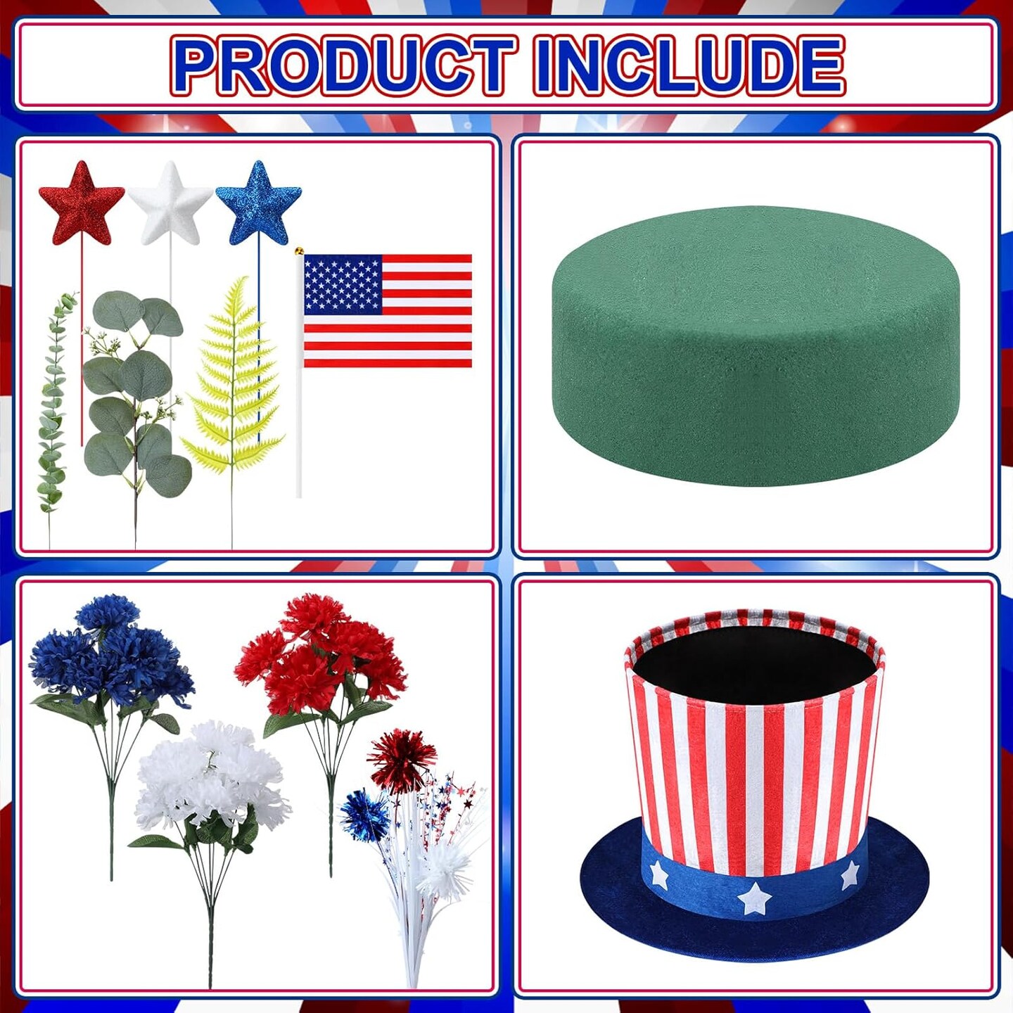 Patriotic Labor Day centerpiece with red, white, blue flowers in USA hat vases.