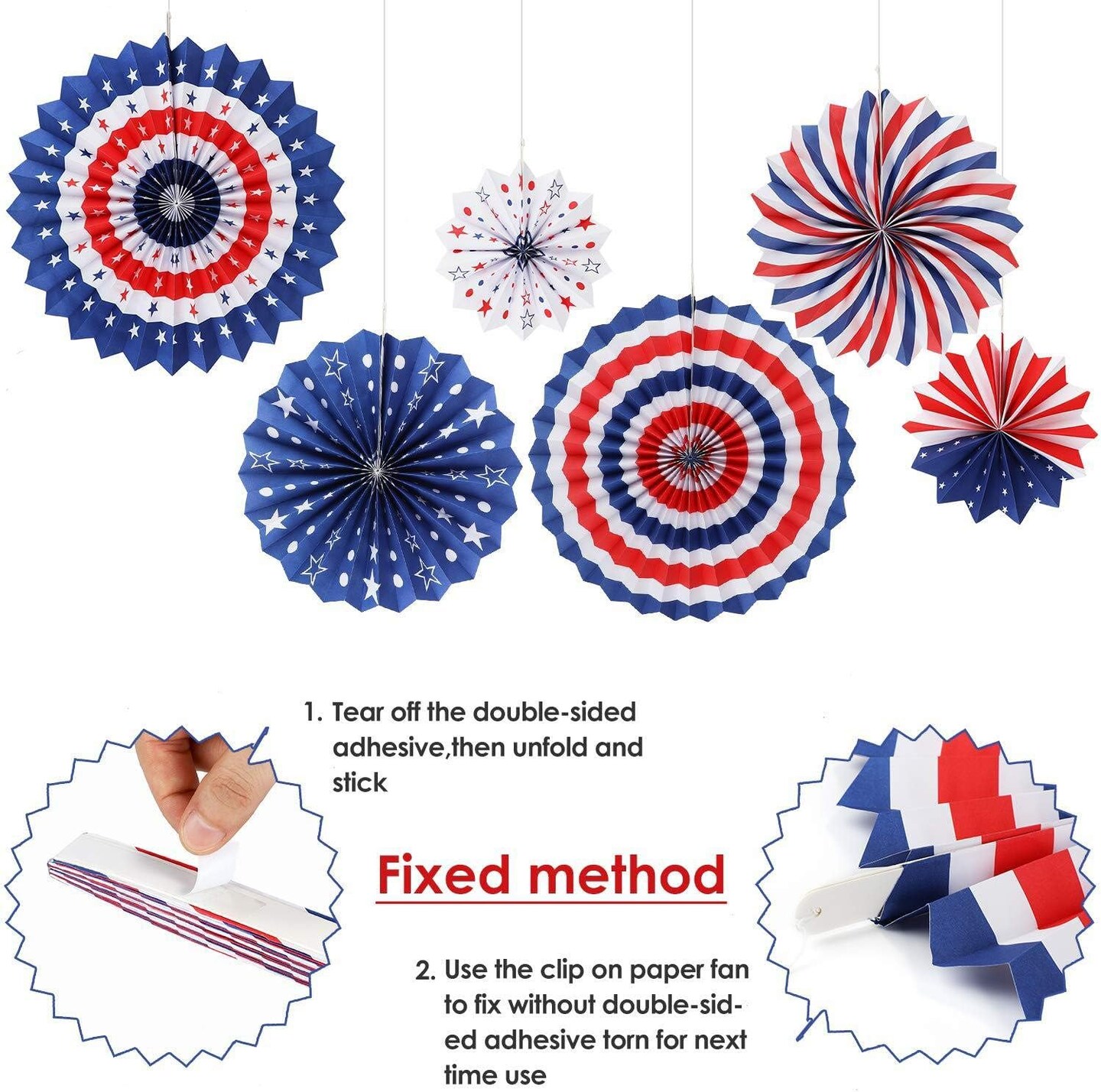 4th/Fourth of July Patriotic Party Decorations Set- Red White/Silver Blue Star Streamers and 6Pcs Red White Blue Hanging Paper Fans for American Independence Day Party Decor Supplies