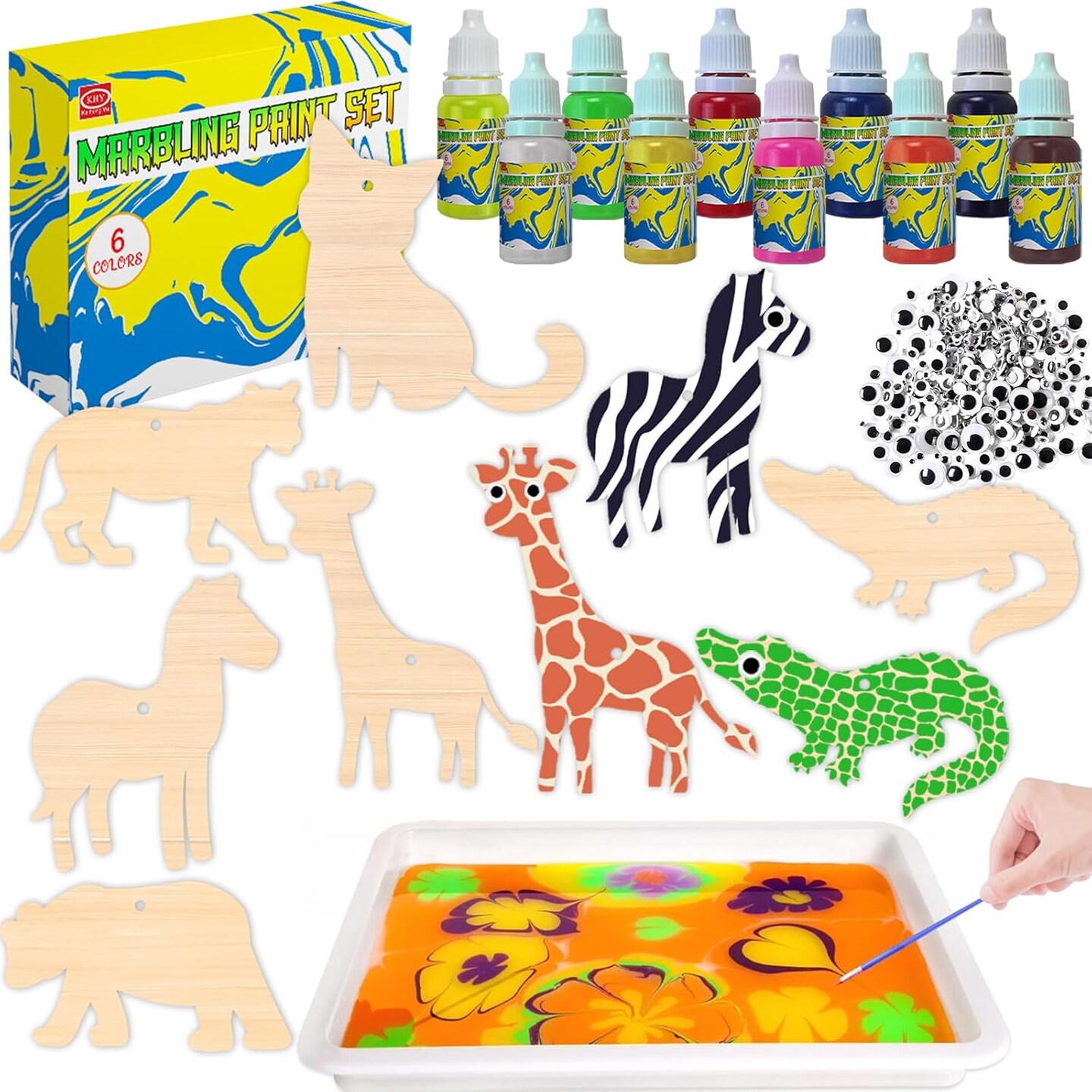 Water Marbling Paint Kit for Kids Animal Theme Painting Craft Kits 10 Colors Arts DIY Paint Craft Animal Wood Chips with Eyes for Girls Boys Age 6-12 Year Olds Birthday Gifts Ideas Activities Toys
