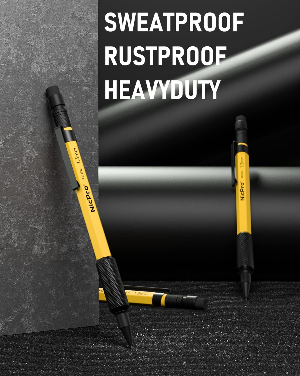 3 PCS 1.3 mm Mechanical Pencil Set with 72 Lead Refills, 3 Eraser - Weatherproof Metal Barrel, Heavy Duty Carpenter Pencil MP2000 for Outdoor Marking Drafting Drawing Woodworking - with Case