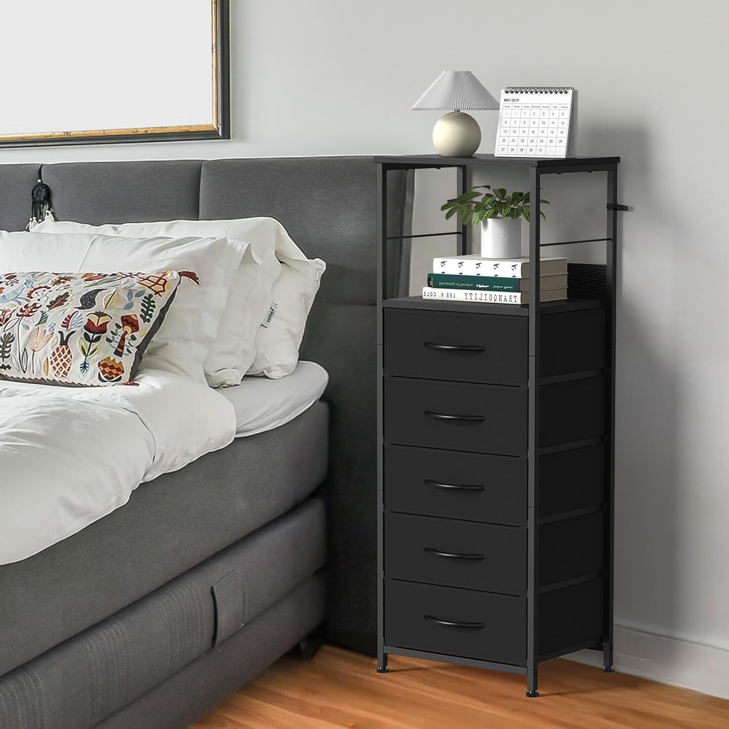 5-Drawer Tall Storage Tower with Fabric Drawers – Sturdy Metal Frame & Waterproof Wooden Top, Space-Saving Dresser for Bedroom, Entryway, Nursery, Hallway (Black)