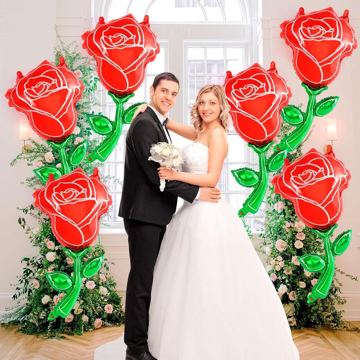 6 Pcs Red Rose Balloons,37 Inch Giant Rose Foil Balloons Rose Shaped Balloons,Red Rose Flower Balloon Valentines Day Balloon for Birthday Wedding Valentines Day Flower Theme Party Decoration