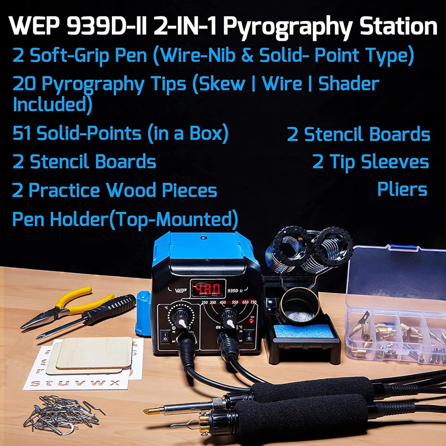 Wood Burning Kit 86-IN-1 with 51 Solid Points and 20 Wire Nibs Wood Burner with 2 Letter Number Stencils, 2 Unfinished Wood, 1 Pen Holder, Burning Tool