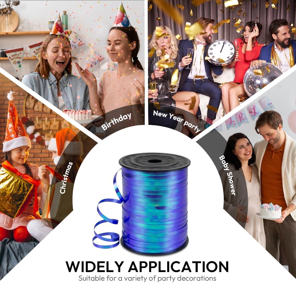 500 Yards 3/16" Iridescent Curling Ribbon Dark Blue, Laser Balloon String 1 Roll for Gift Wrapping, Holographic Curly Balloon Ribbon