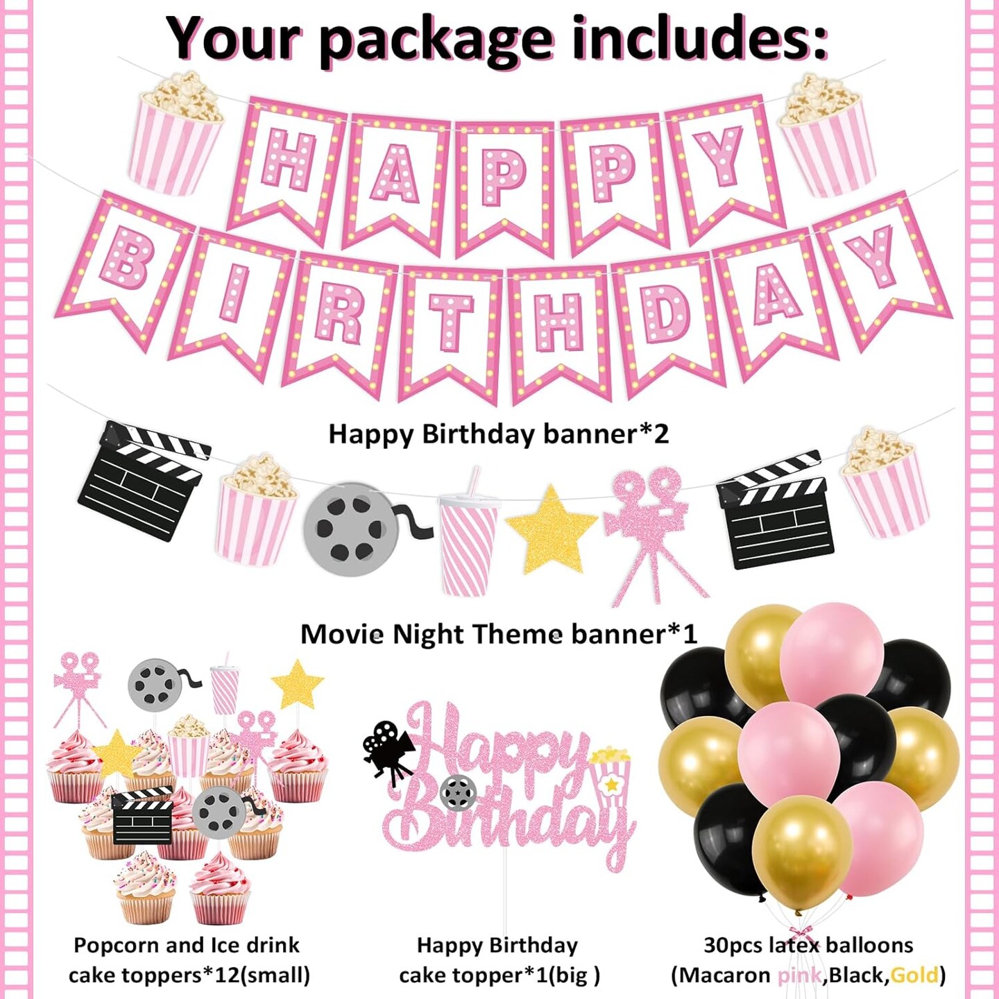 Happy Birthday Movie-Themed Party Decorations – Pink Popcorn, Camera, Movie Theater Cake Toppers and Latex Balloons for Girls’ Birthday or Movie Night Party Supplies