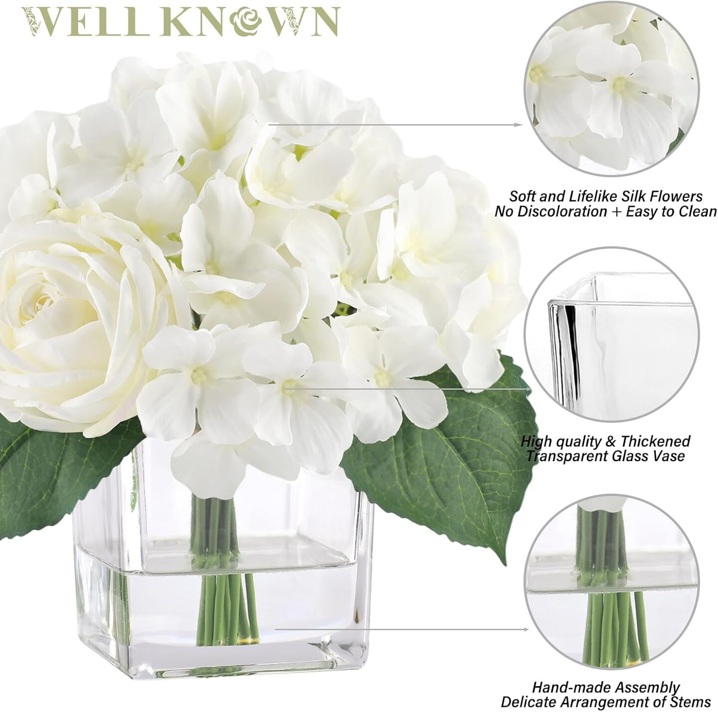 White Silk Hydrangea & Rose in Glass Vase – Faux Flowers Decor