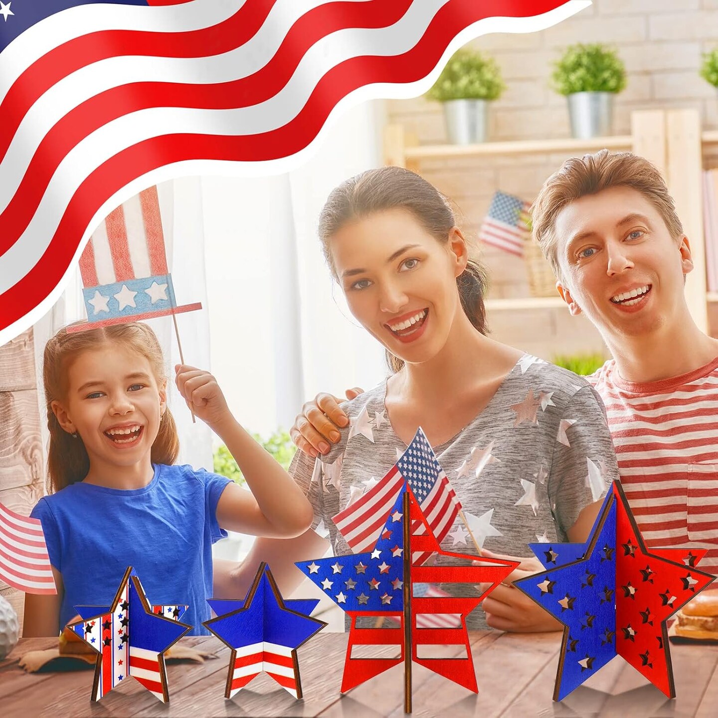 12-piece set of patriotic wooden star decorations featuring red, white, and blue designs, ideal for tiered trays, tables, shelves, and home or office décor to celebrate Independence Day and Memorial Day.