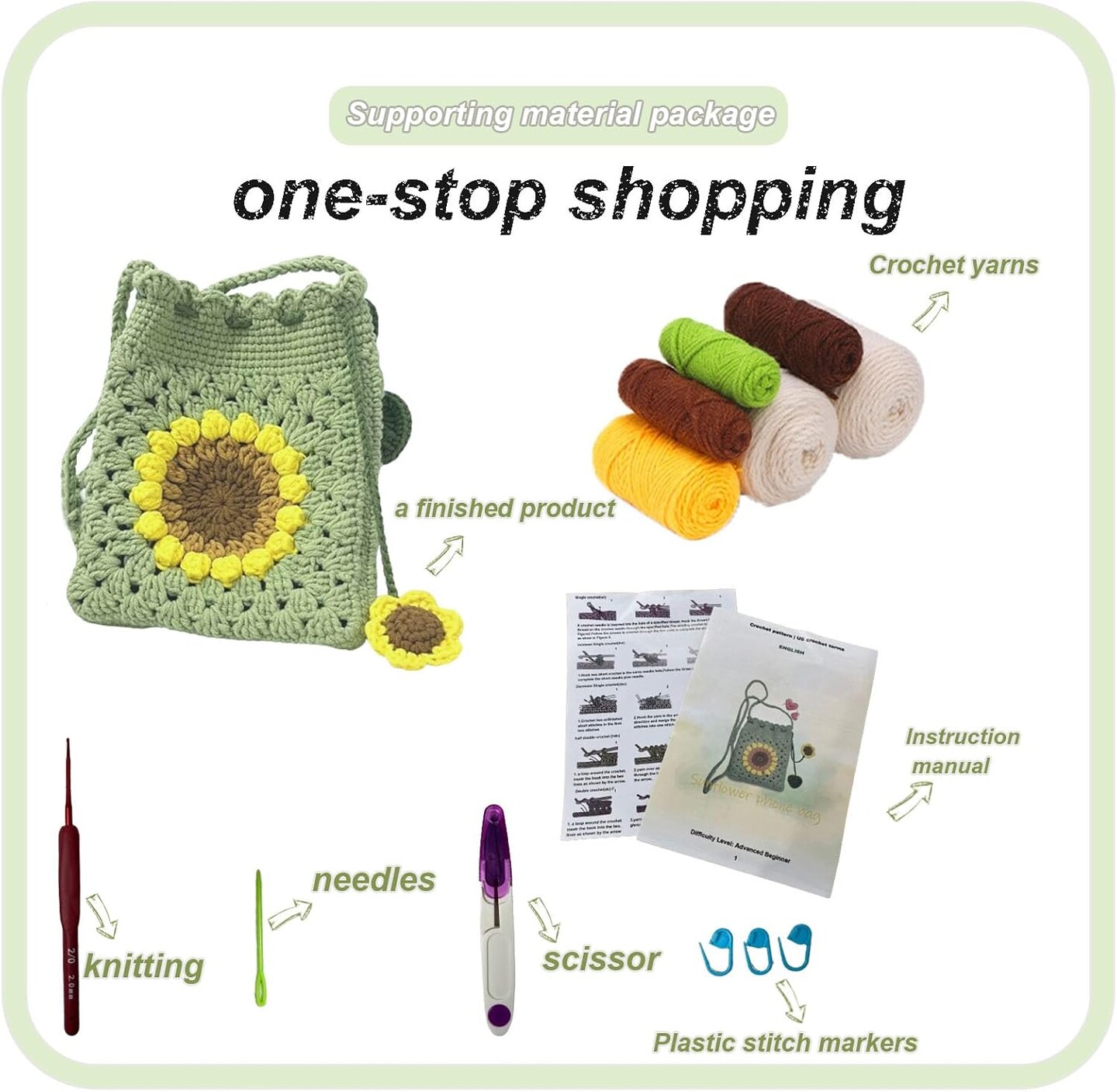 Crochet Kit for Beginners Sunflower Bag Crochet Starter Kit with Video Tutorials and Yarns, Hook DIY Adults &#x26; Kids Knitting Supplies(40%+ Yarn)