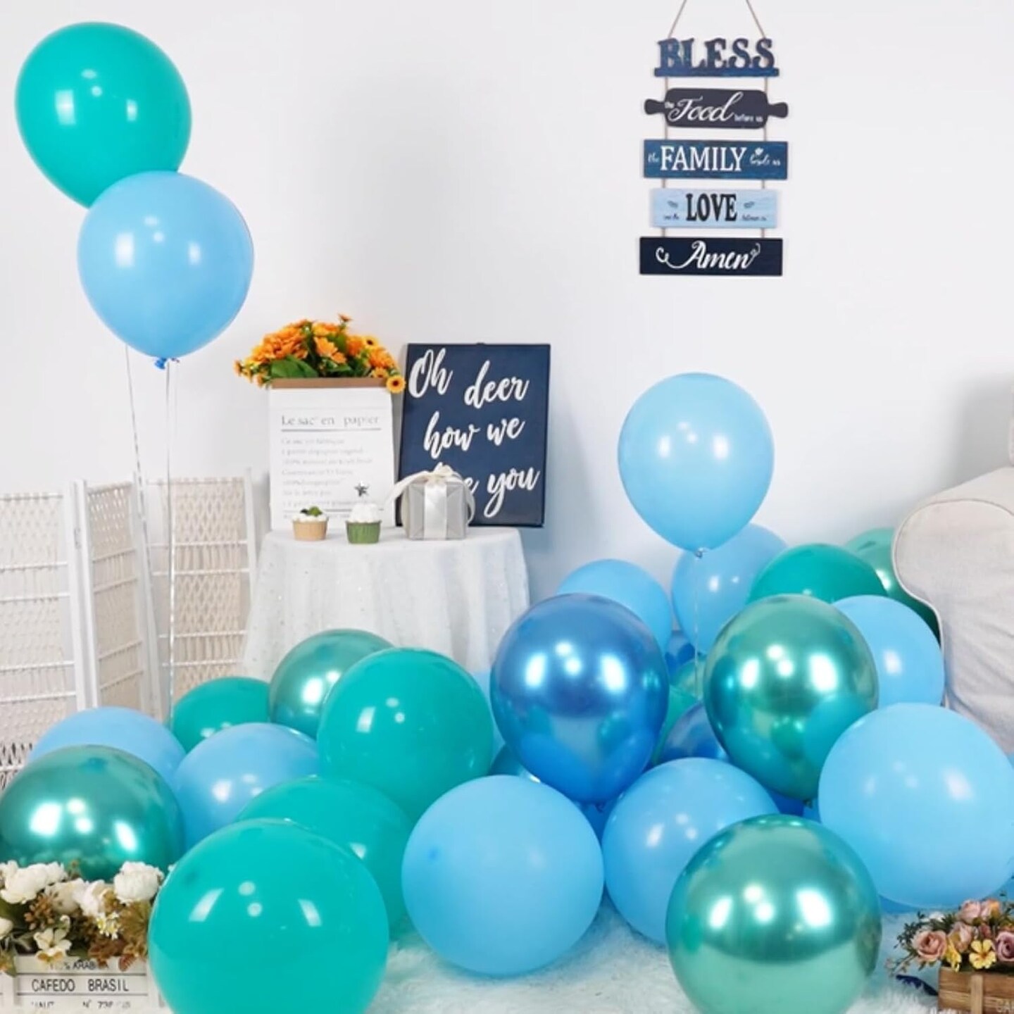 Blue and Green Balloons, Blue and Green Birthday Decorations, 12 Inch Light Blue Teal Blue Metallic Green Metallic Blue Latex Balloons for Birthday Wedding Baby shower Party Decorations
