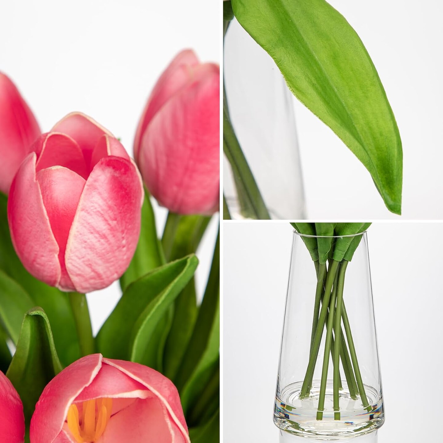 Fake Tulips Artificial Tulip Flowers in Glass Vase with Faux Water, 14.2&#x22; Real Touch Pink Tulip Flowers Spring D&#xE9;cor for Table Centerpiece Home Farmhouse Resto Wedding Decoration