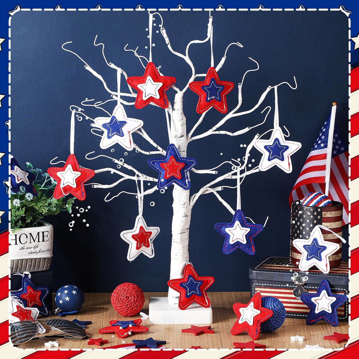 18 Pcs Memorial Day Star Felt Ornaments Patriotic 4th of July Hanging Stars 3.14 Inch White Red Blue Independence Day Tree Decorations for Memorial Veteran Day Party Decor(Classic Style)