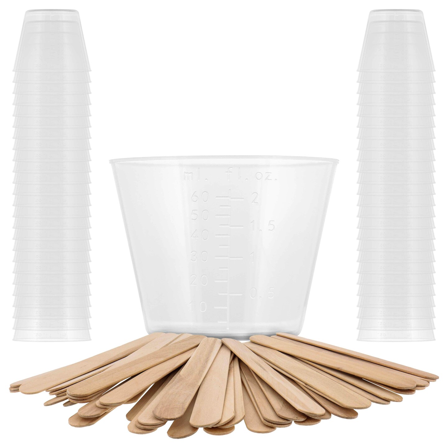 Pouring Masters 2 Ounce (60ml) Graduated Plastic Measuring Cups (50 Clear Cups &#x26; 25 Mixing Sticks) - OZ, ML Measurements, Acrylic Paint, Resin, Epoxy