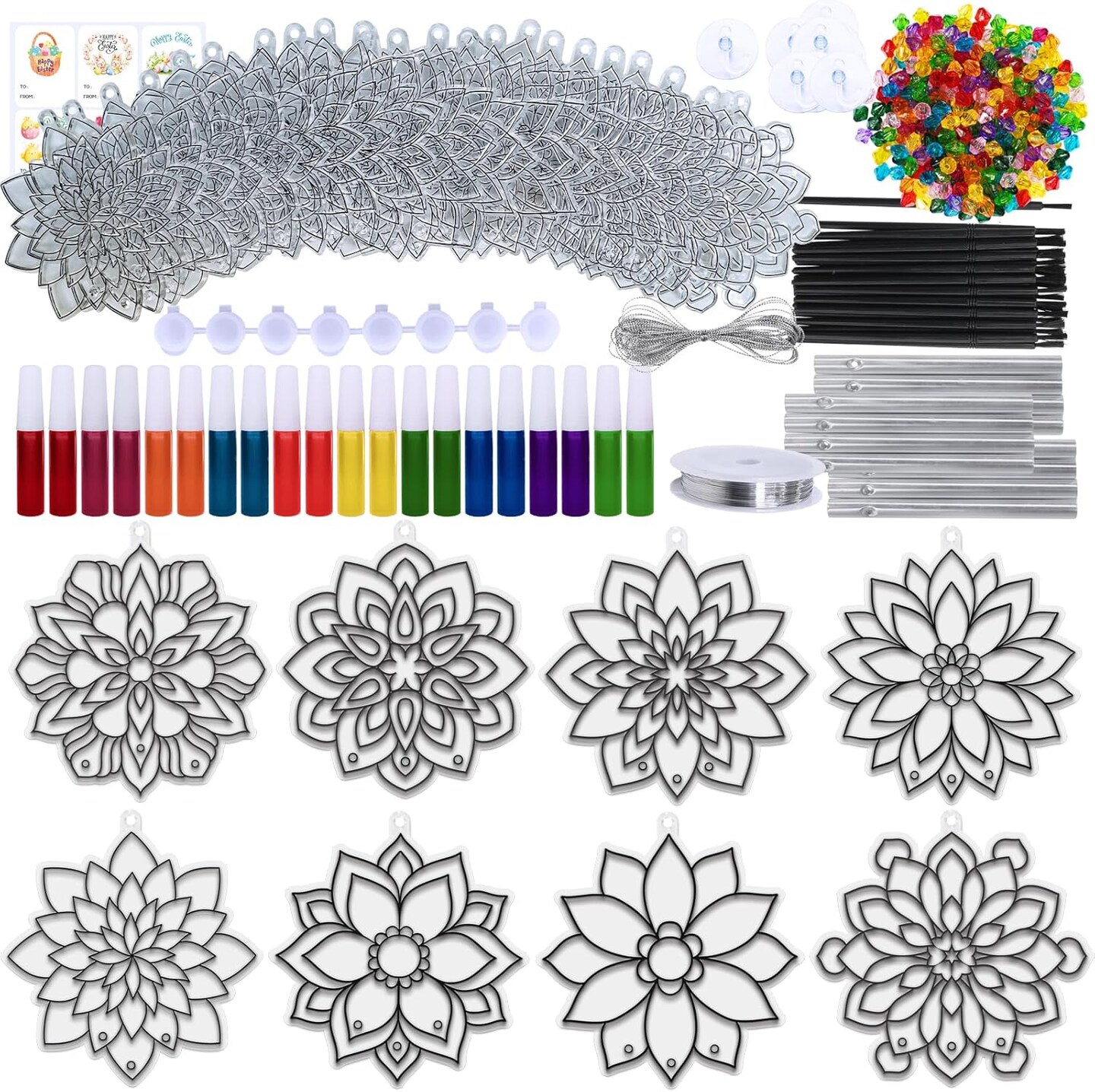 24 Sets Lotus Flower Suncatcher Wind Chimes Decorations DIY Window Paint Art Stickers Craft Kits Flower Sun Catchers for Kids Classroom Birthday Summer Party Activities Art Project