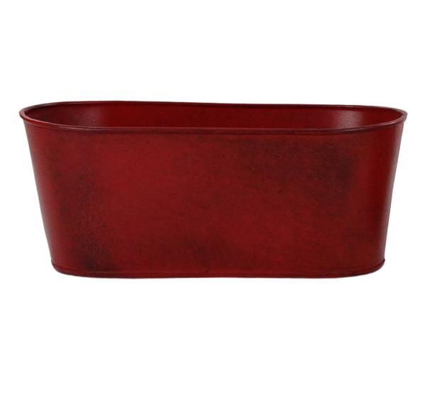Antique Red Oval Tin Planter &#x2013; 10&#x22; Rustic Metal Container for Faux Floral Arrangements or Seasonal Centerpieces-KE261124