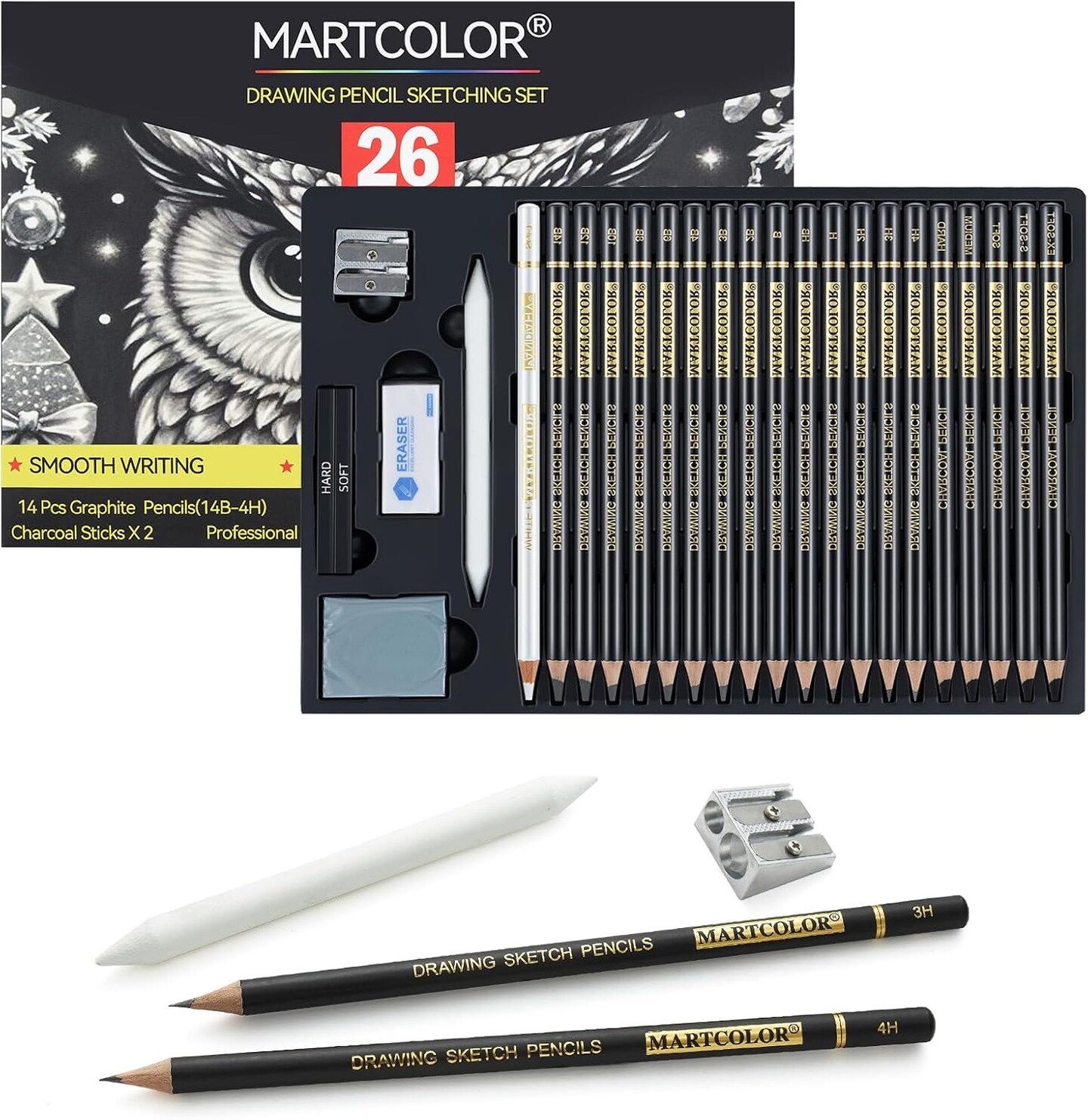 Drawing Sketching Pencil Set, 26 Pieces, Graphite Pencils (14B-4H), Charcoal Pencils, Charcoal Sticks, Blending Stump, Eraser, Sharpeners, Artist Pencils for Beginners &#x26; Pro Artists