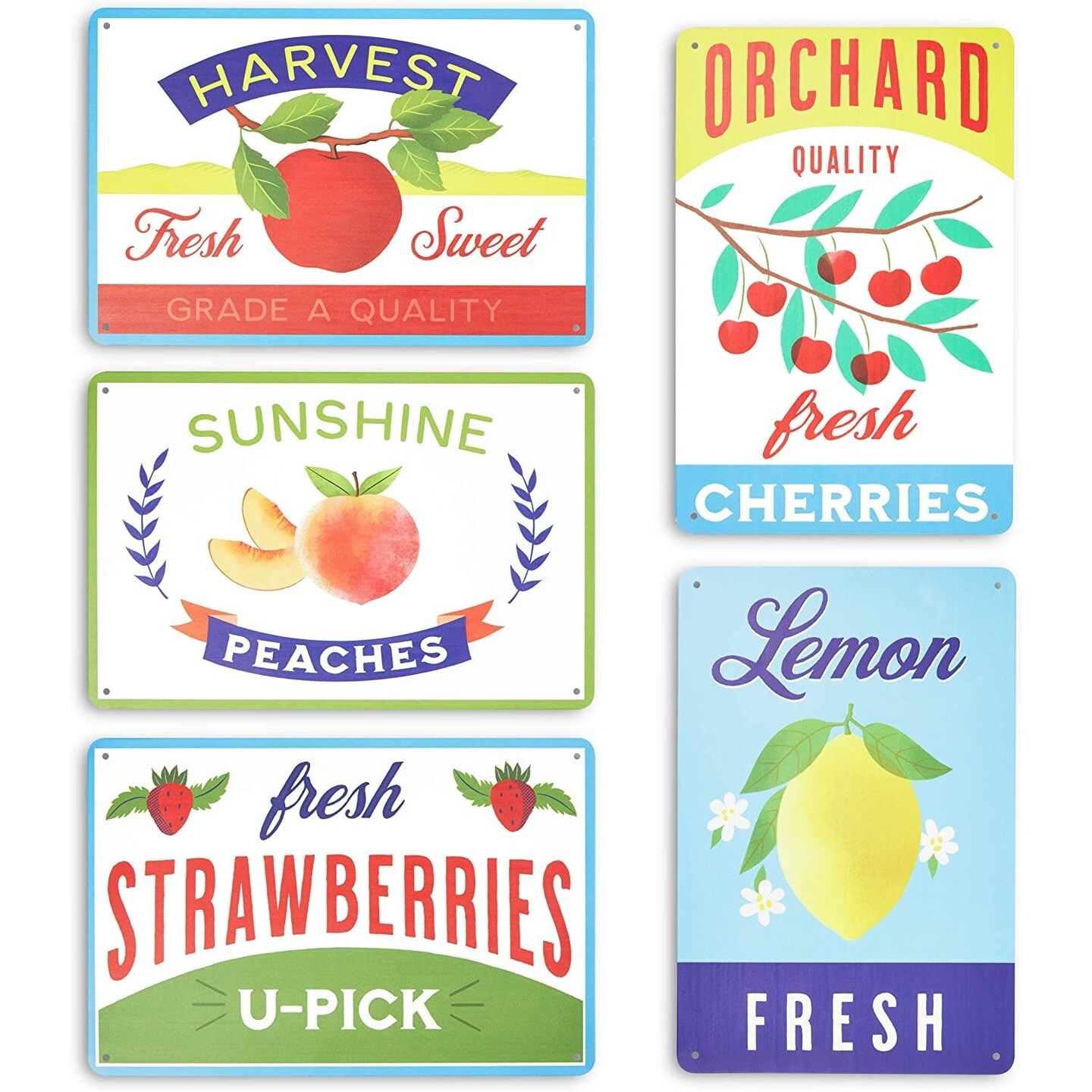 Farmlyn Creek Metal Fruit Crate Label Wall Signs, Kitchen Decor, 5 Designs (11.8 x 7.8 in, 5 Pieces)