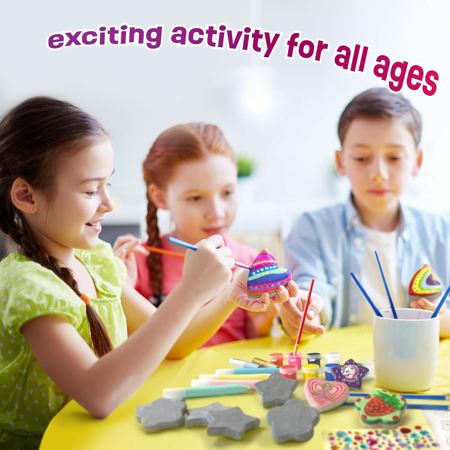 Kids Ages 6-12 -Heart, Flower &#x26; Star Shaped Rocks - Glow in The Dark Rock Painting Kit