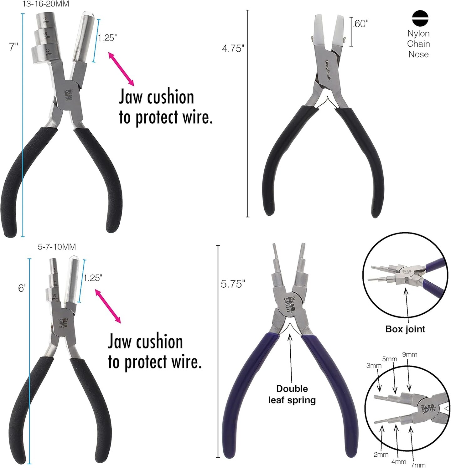 The Beadsmith Wire Working Combo &#x2013; 3 Different Wire Wrapping Bending Pliers and Double Nylon Jaw Chain Nose Pliers &#x2013; Use to Create Loops, Jump Rings &#x26; Protect Wire While Jewelry Making &#x2013; 4 Piece Set