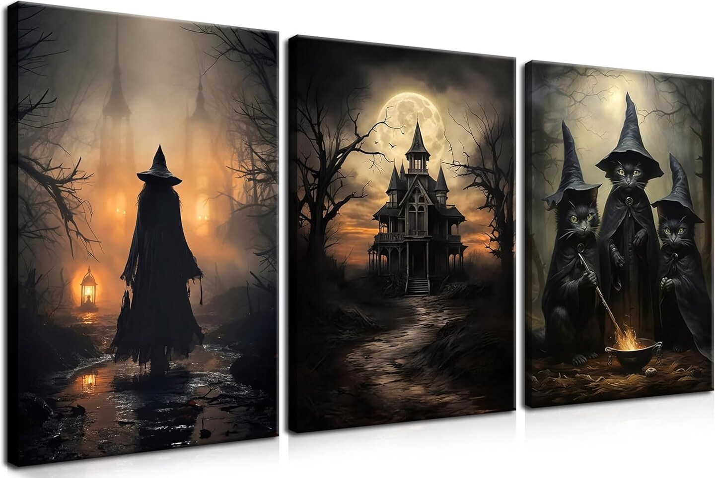 3 Piece Halloween Dark Witch Canvas Wall Art - 12x16 Inches