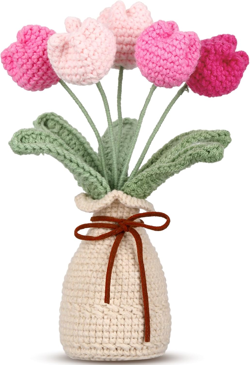 Crochet Knitting Tulip Bouquet with Vase 7" Knitted Artificial Forever Tulip Handmade Woven Flower with Exquisite Pot Gift for Valentine's Day Back to School Gift Family Home Desk Decor(Pink)