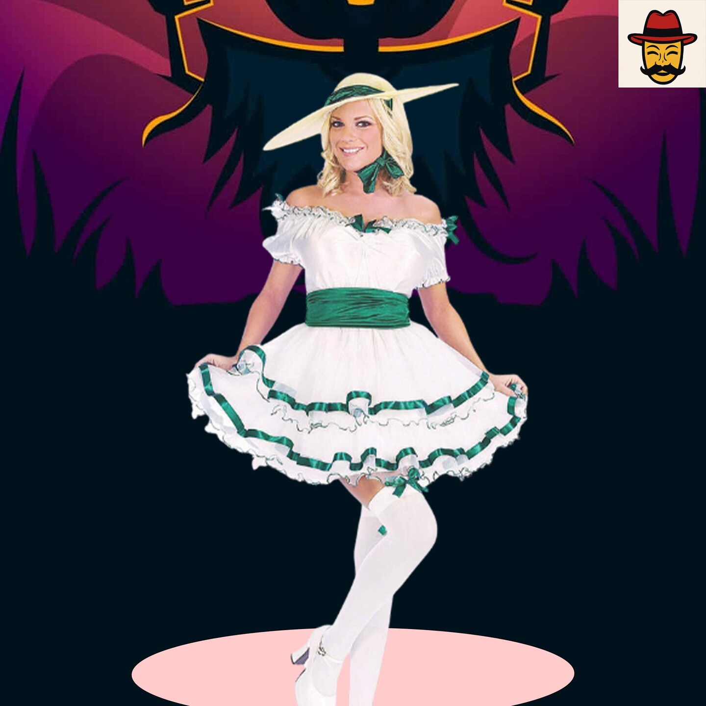 Womens Southern Belle Costume White Dress with Green Ribbon Trim Halloween Party