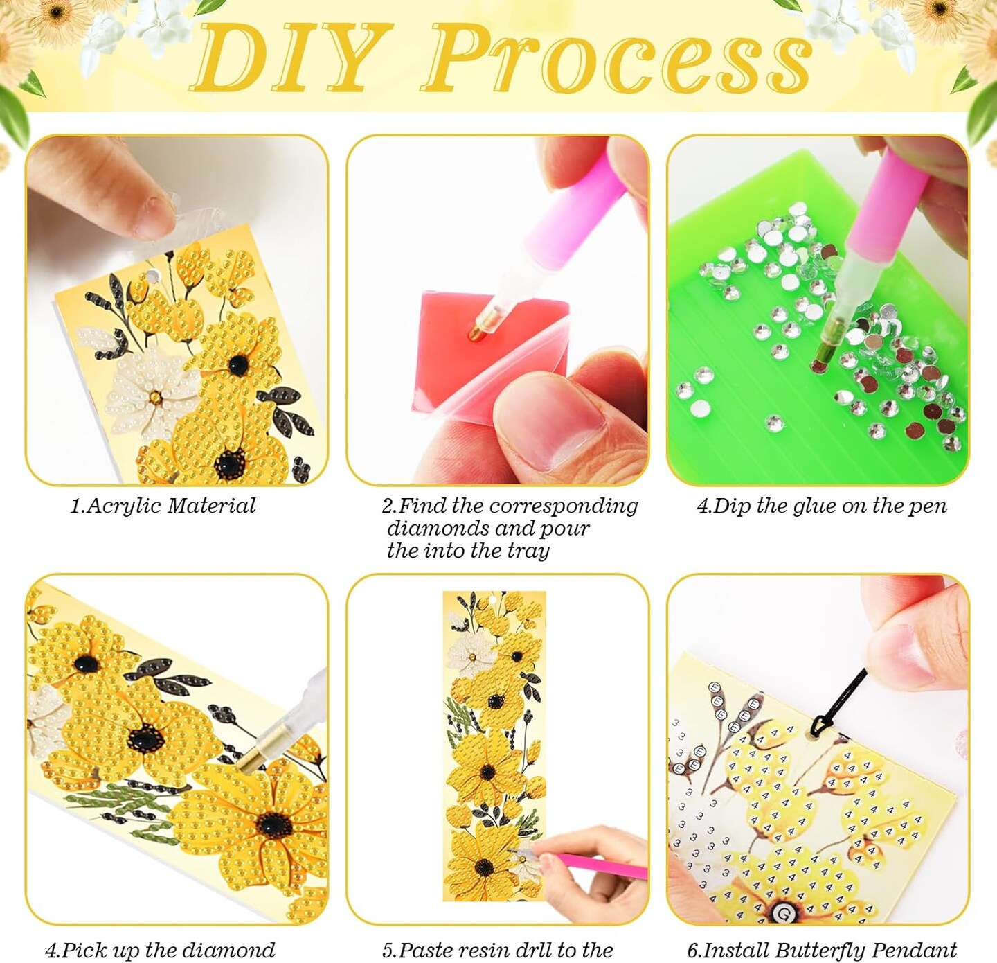 4-Pack Floral Diamond Art Bookmarks Kit - 5D DIY Flower Gem Painting Crafts for Adults, Kids & Seniors - PU Leather Beaded Bookmarks with Tools - Creative Gift for Book Lovers, Teachers, and Students