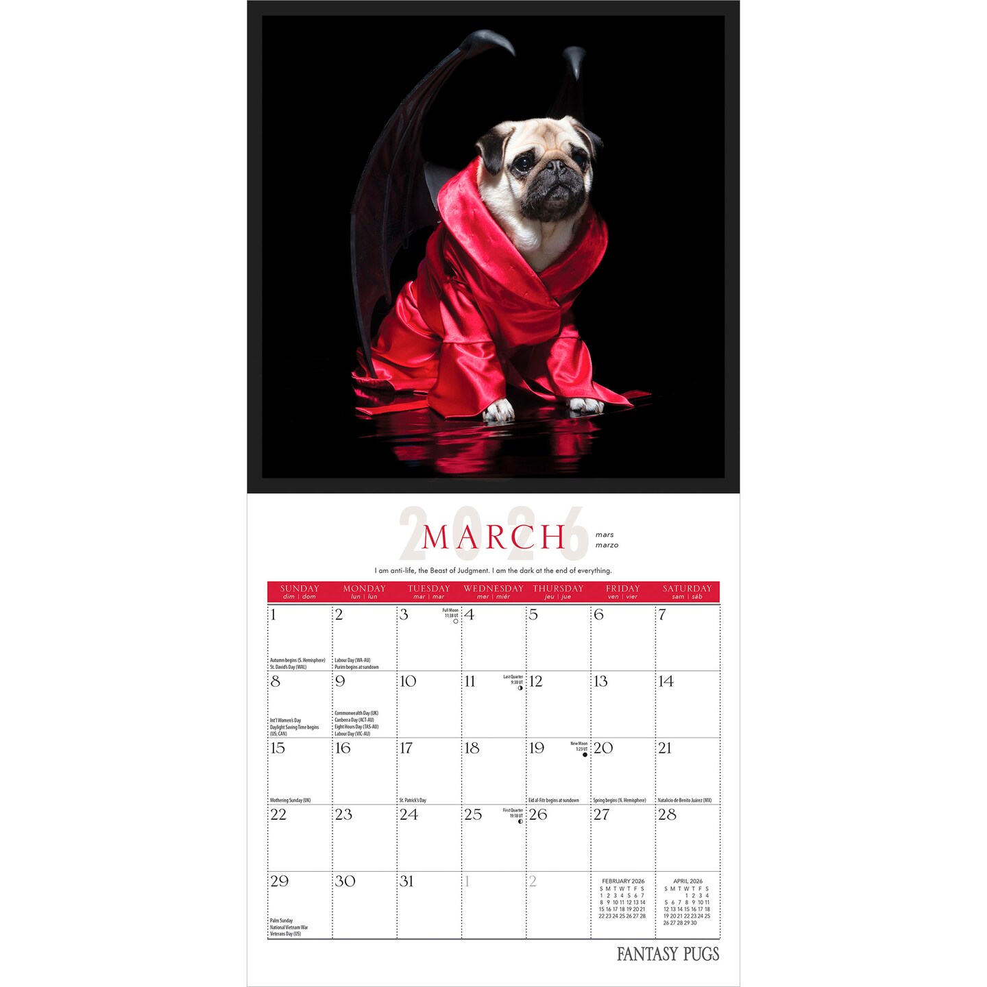 Fantasy Pugs OFFICIAL | 2026 7 x 14 Inch (Hanging) Monthly Mini Wall Calendar