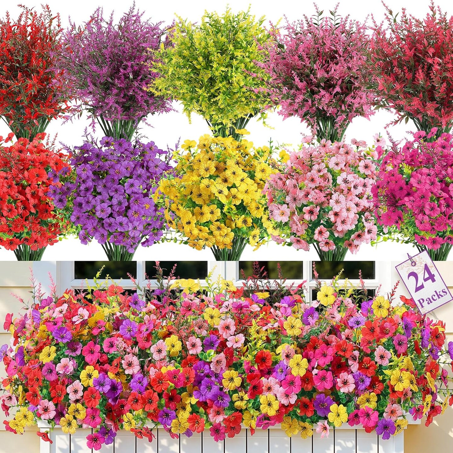 24 Bundles Artificial Flowers for Outdoors Decoration, Faux Plants Fake Silk Colorful Daisy Eucalyptus Lavender, UV Resistant for Outside Home Porch Patio Indoor Spring Decor, Mix 5 Colors
