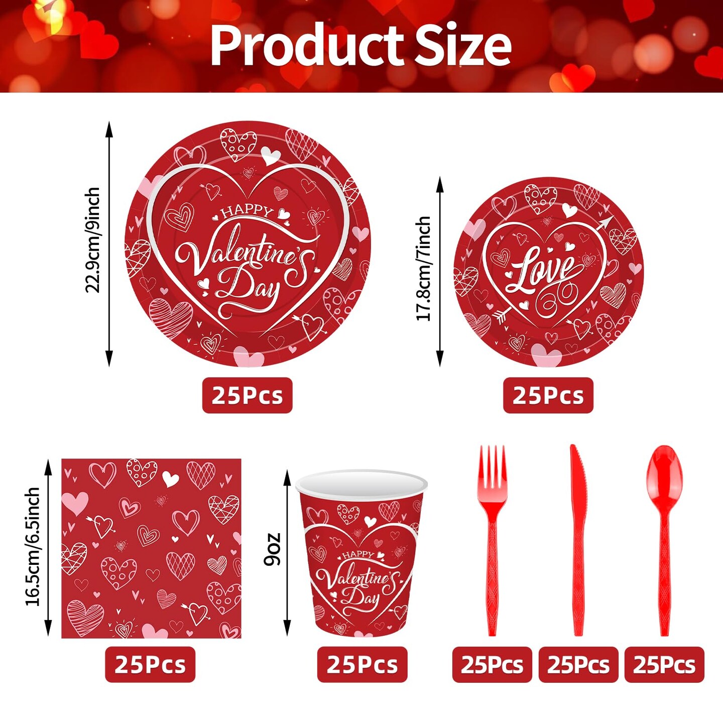 175 Pcs Valentine's Day Tableware Set - Serves 25, Heart and Love-Themed Disposable Plates, Cups, Napkins, Forks, Spoons, Knives for Valentine, Wedding Party Supplies, Romantic Holiday Gatherings