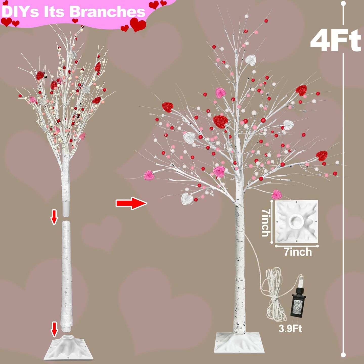 Valentines Day Decor, 4 FT Prelit Lighted Valentines Tree with 3D Hearts&Berries Ornaments 48 Led Red Pink Lights, Outdoor Waterproof Artificial Birches Tree for Valentines Day Decorations Indoor Home