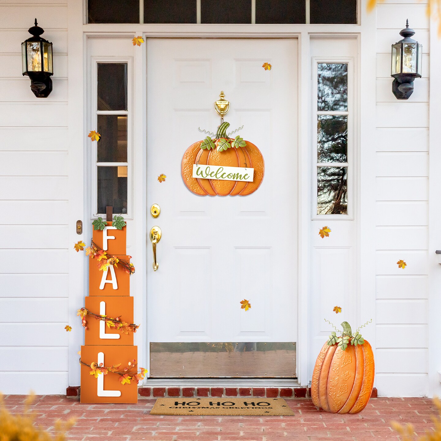 Set of 2 Fall Metal Embossed Glitter Pumpkin Yard Stake or Porch Decor (KD, Two Function)