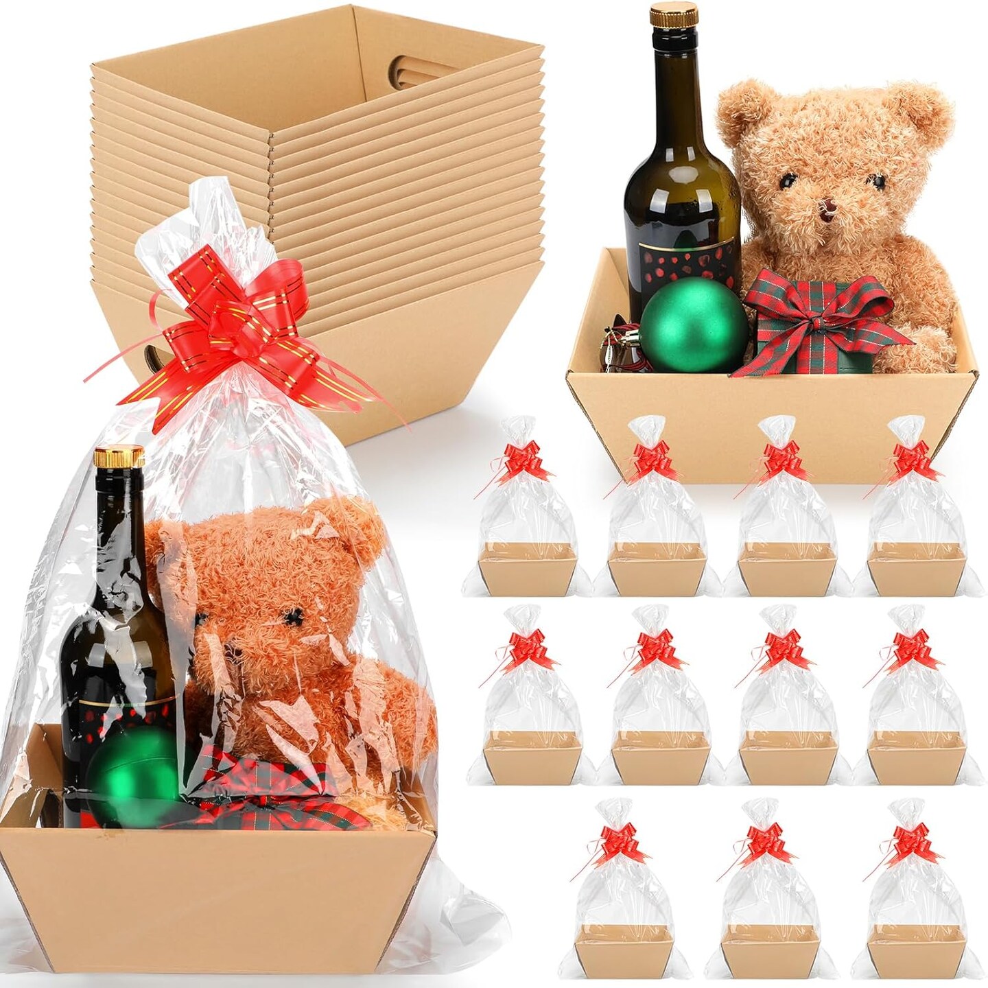 60 Pcs Christmas Kraft Gift Baskets Set Includes 20 Baskets for Gifts Empty, 20 Cellophane Wrap for Gift Baskets and 20 Bows, Gift Tray Empty with Handles Party Gifts for Holiday Birthday