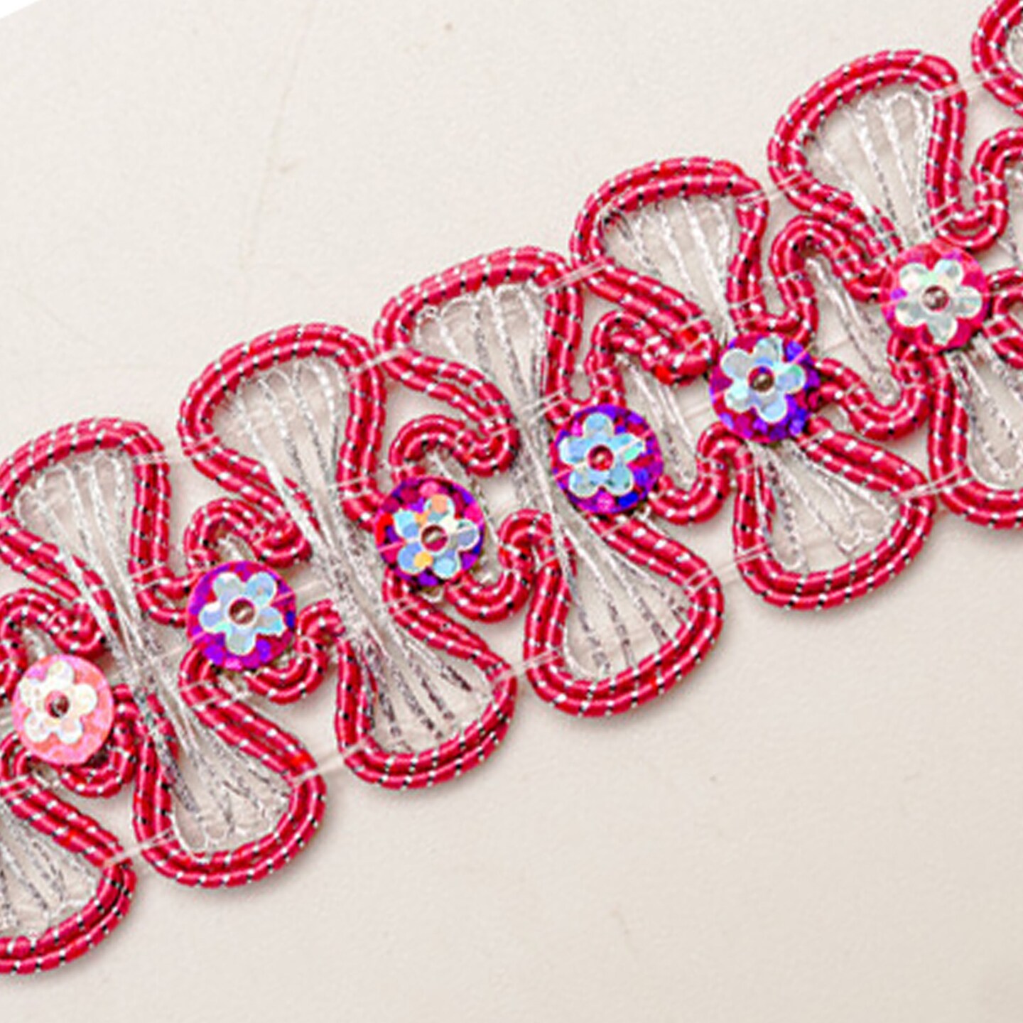1 1/4" x 10 Yards Fuchsia/Silver Braided Floral Sequin Trim Pack of 5