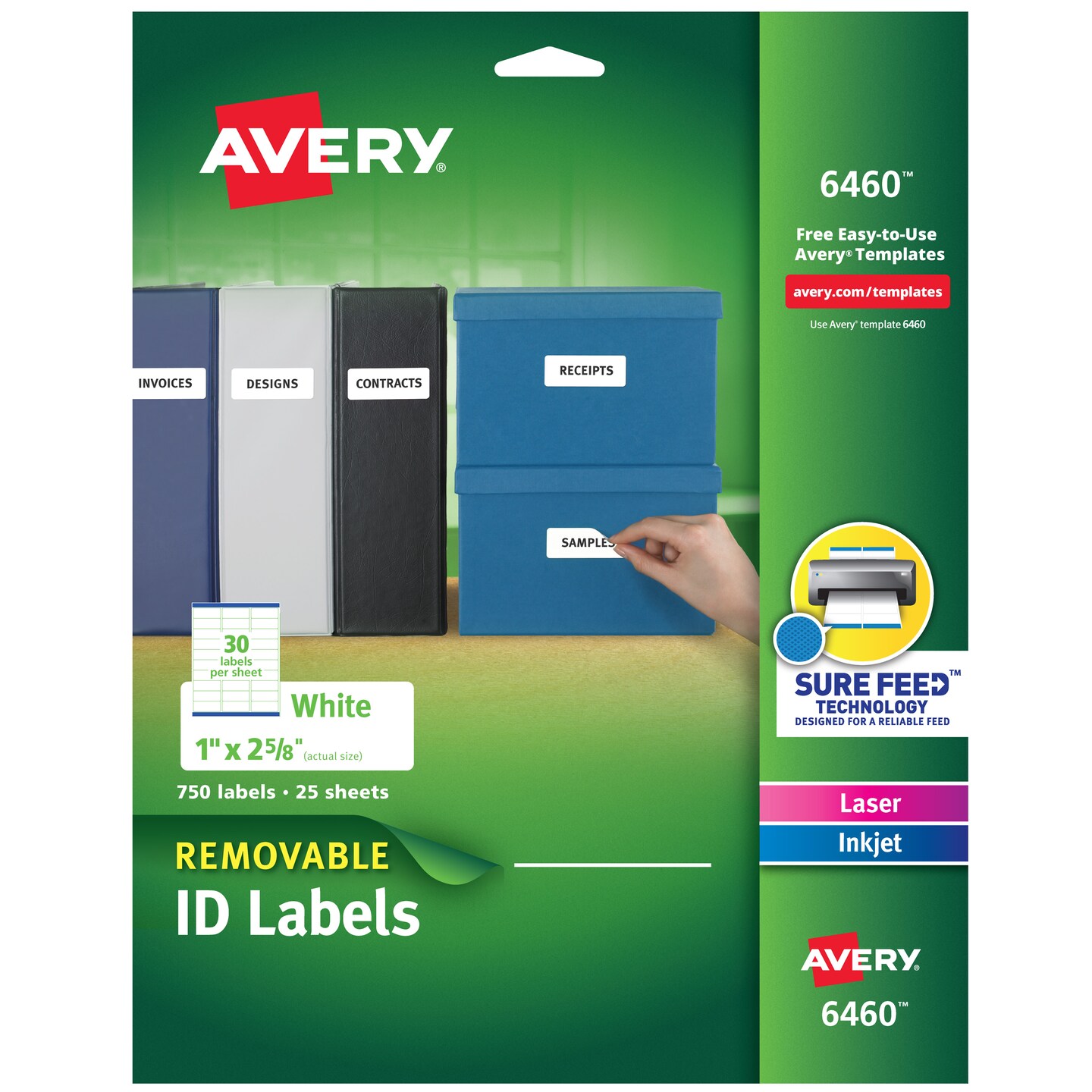 Avery Removable ID Labels, Sure Feed Technology, Removable Adhesive, 1" x 2-5/8", 750 Labels (6460) - 5 Pack