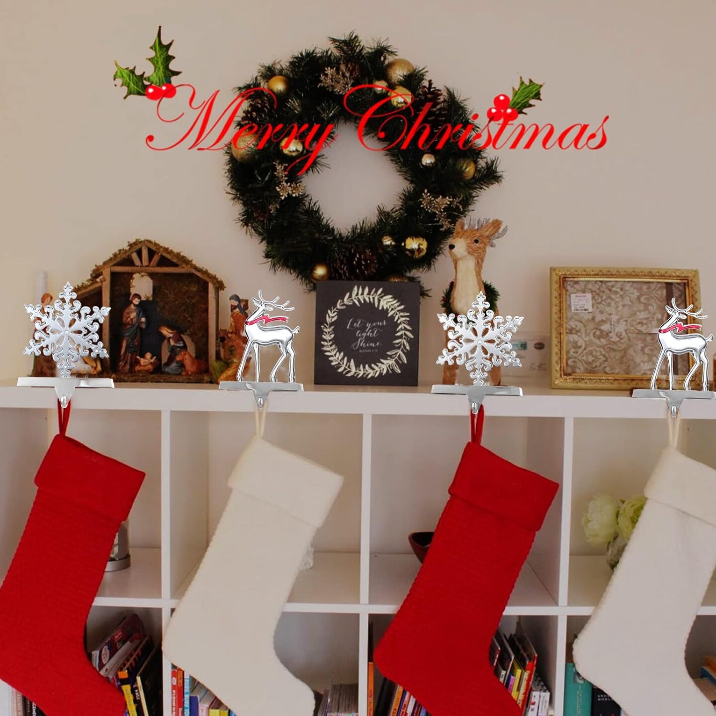Christmas Stocking Holders, Set of 2 Snowflake &#x26; Reindeer Silver Stocking Holder, Weighted Personalized Christmas Stockings Hanger for Mantel, Stocking Hooks for Mantle Fireplace Christmas Decorations