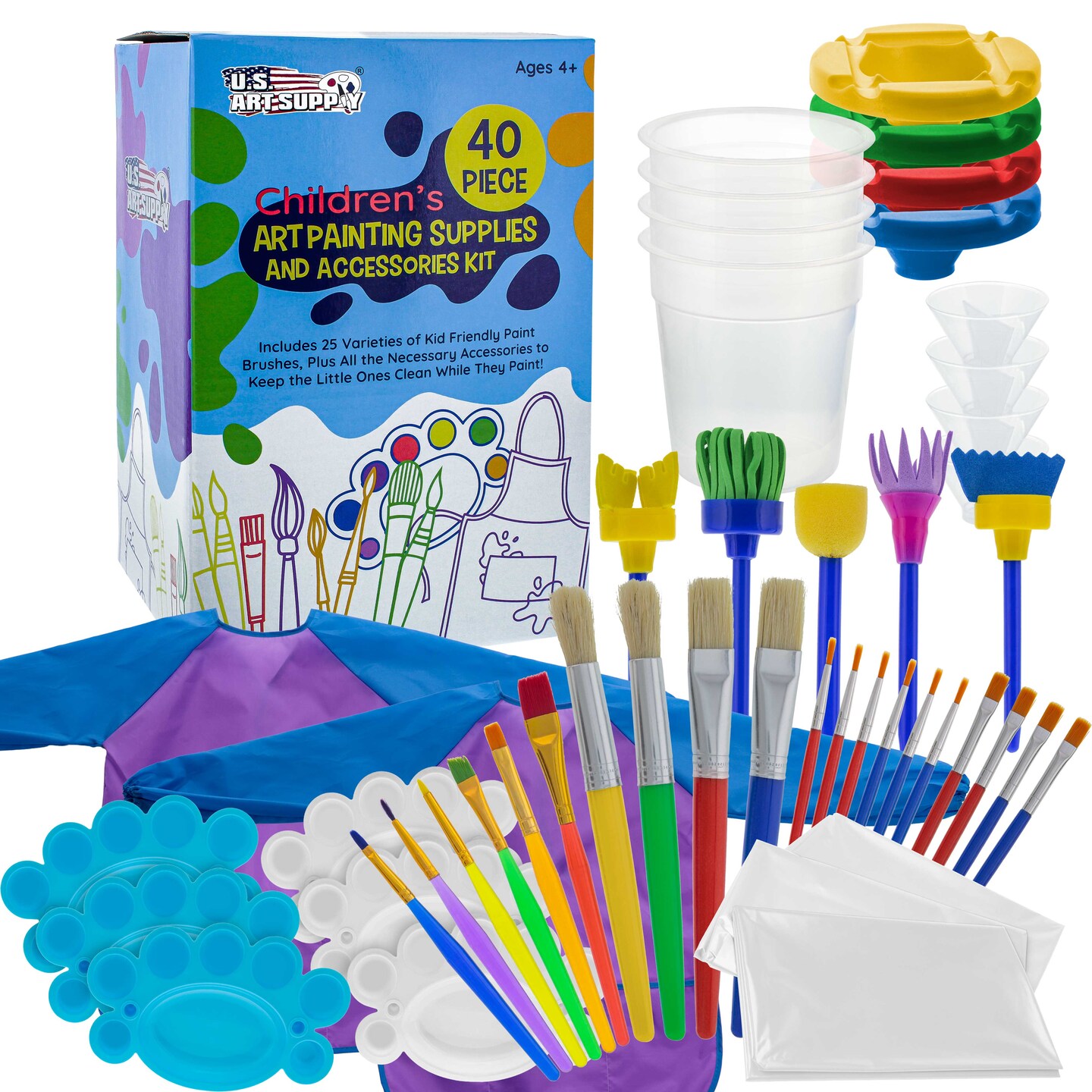 U.S. Art Supply 40-Piece Children&#x27;s Art Painting Supplies and Accessories Kit - 25 Brushes, 4 No-Spill Paint Cups, 6 Palettes, 2 Kids Smocks, 3 Cloths