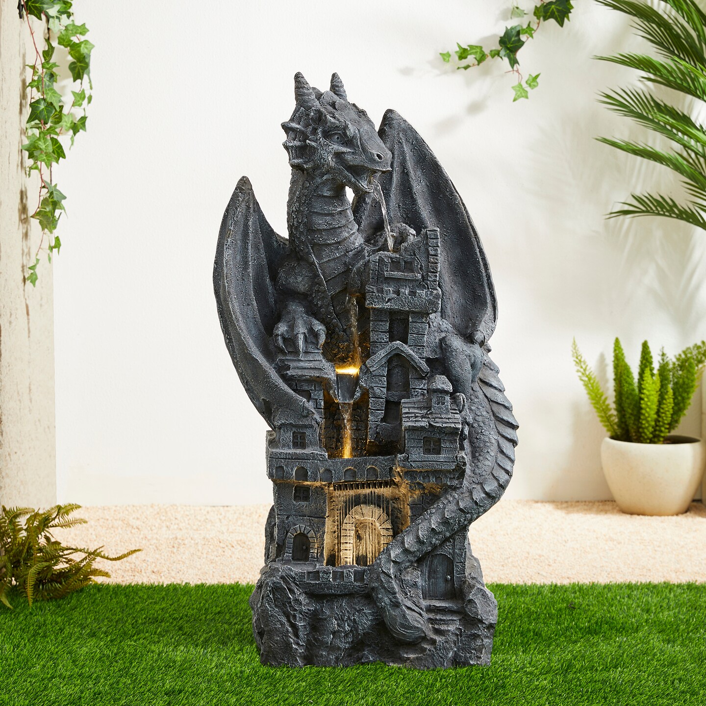 36.5&#x22;H Mystical Gothic Dragon Perched Atop The Castle Sculptural 4-Tier Polyresin Outdoor Floor Fountain with Pump and LED Light (KD)