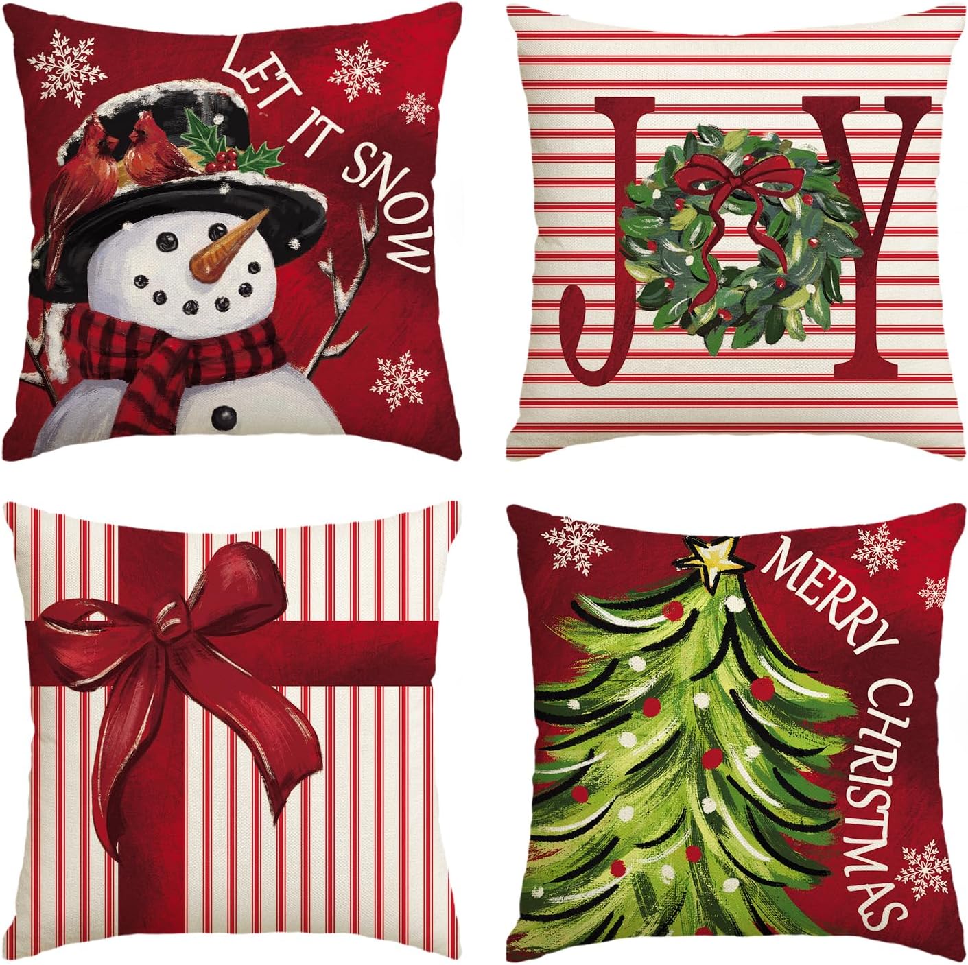 Merry Christmas Let It Snow Joy Stripes Gift Box Red Throw Pillow Covers, 18 x 18 Inch Xmas Tree Holiday Cushion Case Decoration for Sofa Couch Set of 4