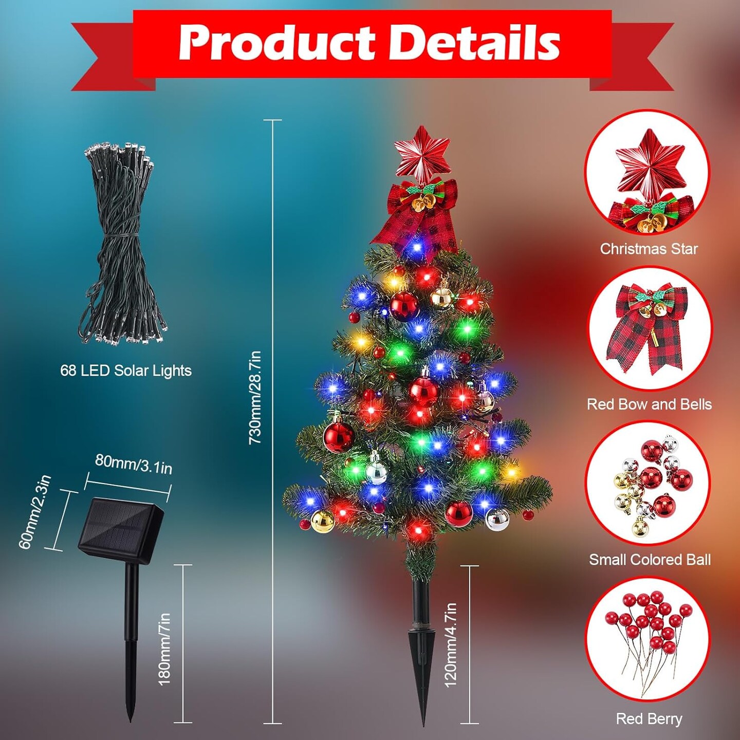 Solar Christmas Tree Lights Outdoor Waterproof, 68LED Christmas Outside Decor Solar Powered with 8 Lighting Modes, Small Solar Christmas Decorations for Pathway Patio Landscape, Multicolor