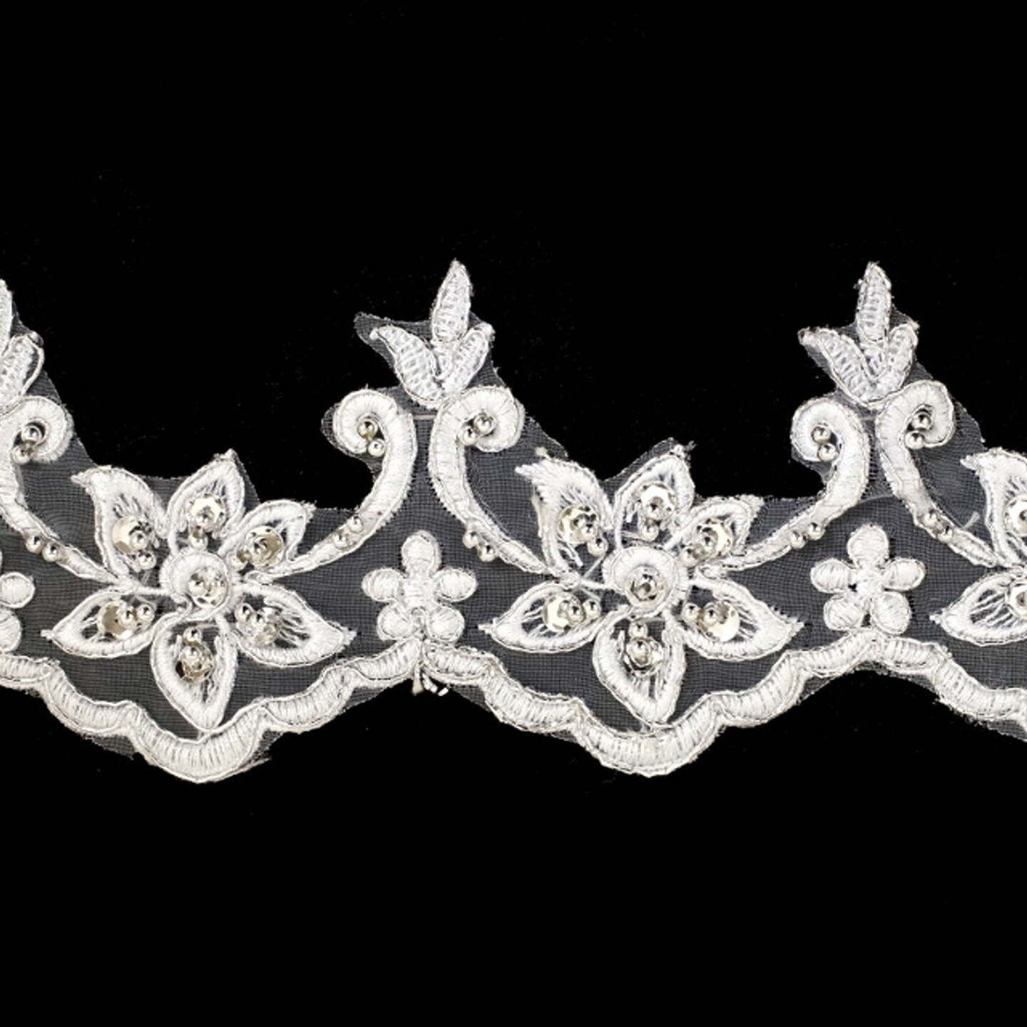 3" x 15 Yards White Venice Floral Lace Trim with Silver Sequins