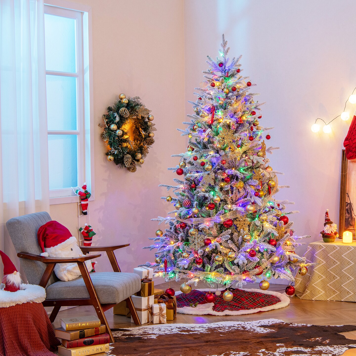 7 Feet Flocked Christmas Tree with 8 Lighting Modes and Multi Color LED Lights 7 ft