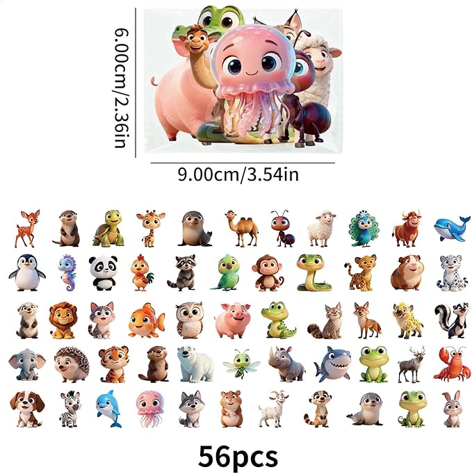 50 Pcs Cute Animal Transparent PET Stickers Pack, Waterproof Vinyl Nature Stickers for Scrapbook, Water Bottle, Laptop, Journaling & Party Favor Gifts