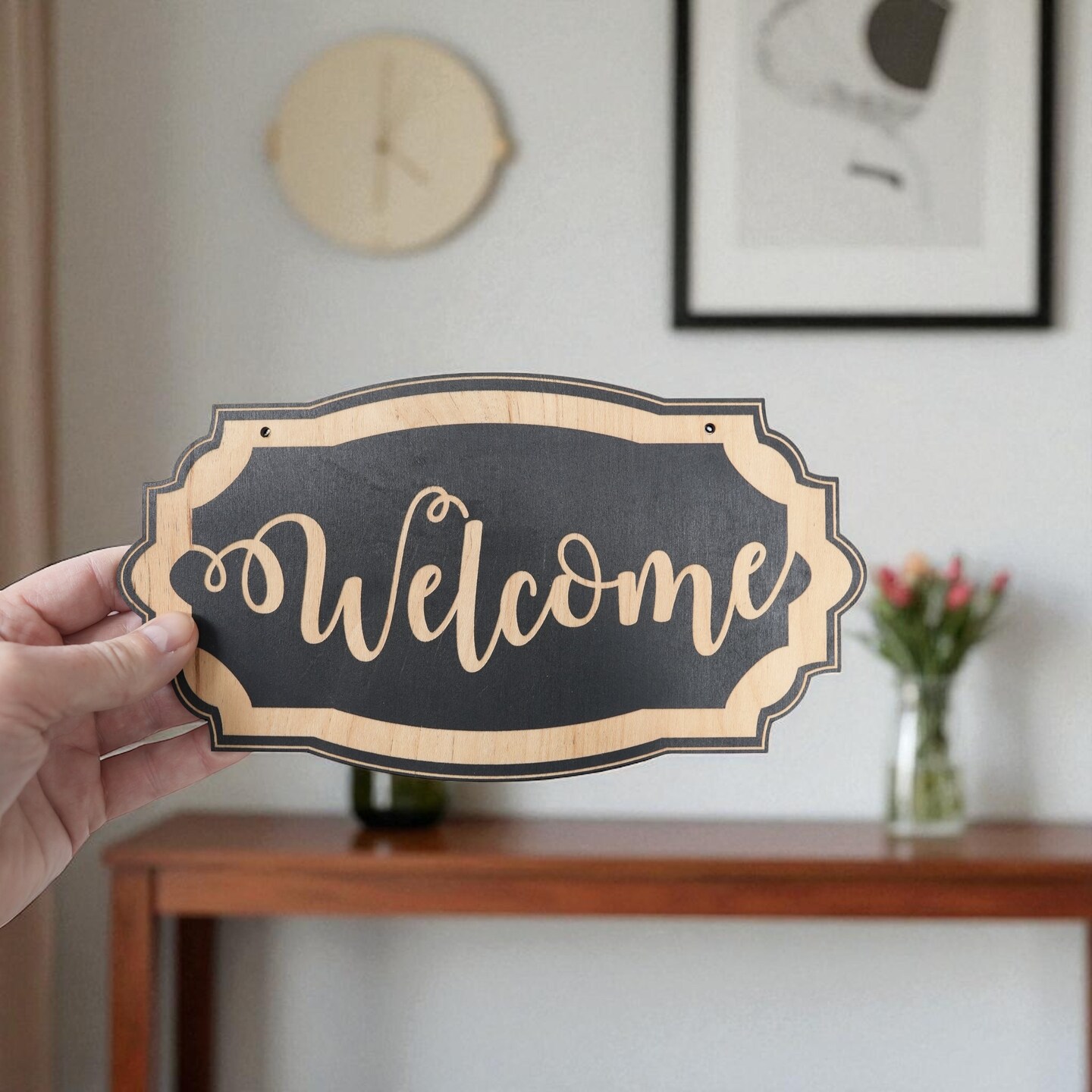 Welcome - Black Door Sign 10x6inches