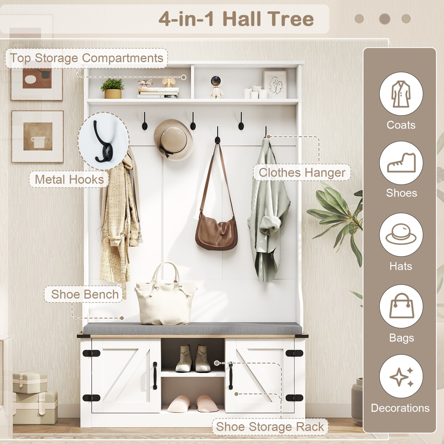 White Hall Tree with Shoe Bench Cushioned Seat Coat Rack Storage Cabinet