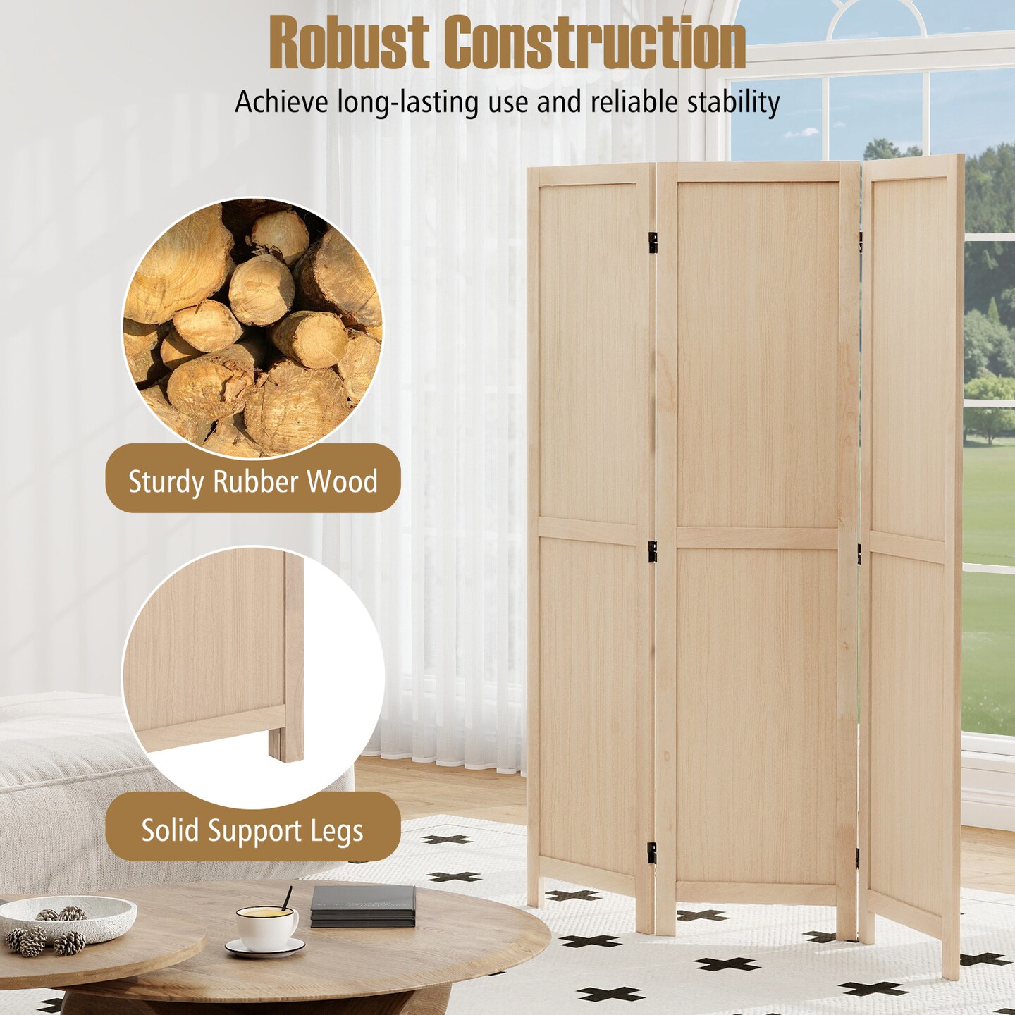Beige Wood Room Divider Folding 3 Panel Privacy Screen Rubber Wood