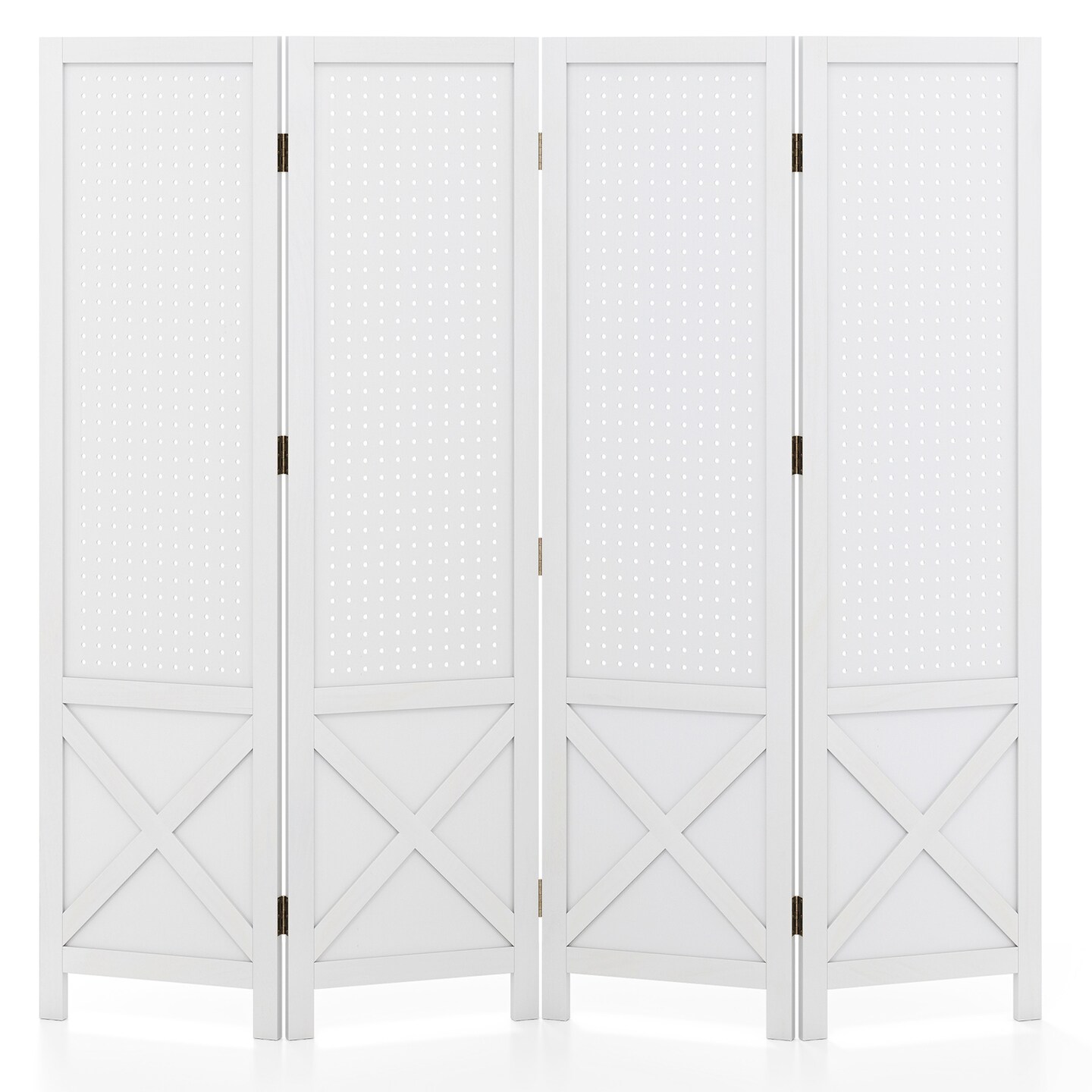 White Paulownia Wood Pegboard Room Divider 4-Panel Folding Display Stand
