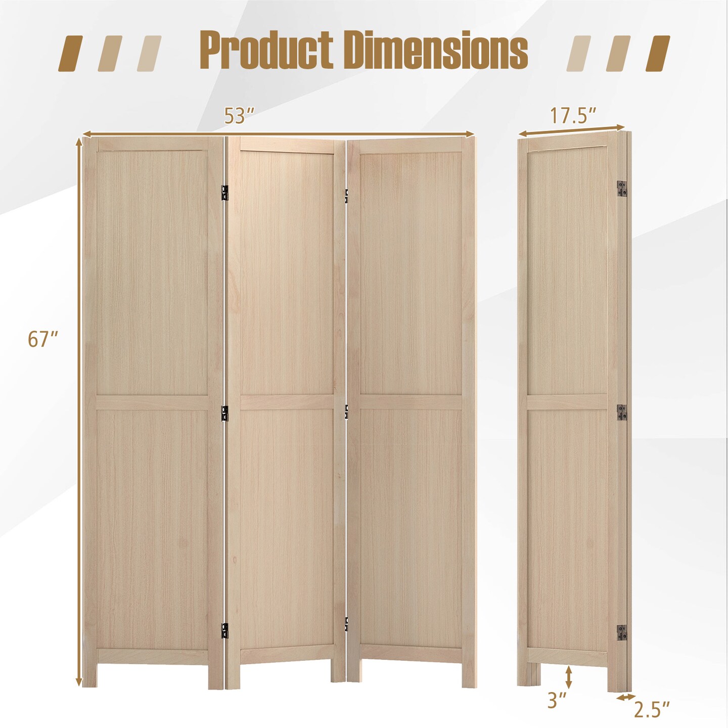 Beige Wood Room Divider Folding 3 Panel Privacy Screen Rubber Wood